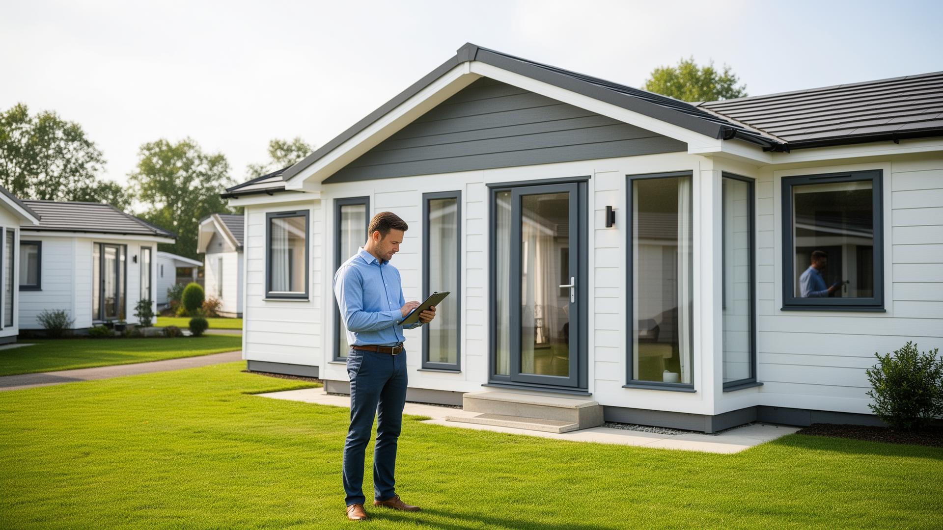 Qualified surveyor inspecting a modern UK park home
